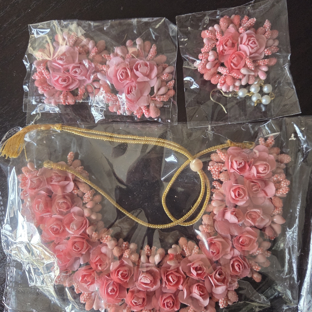 Pink Floral Rose Necklace and Earring Set